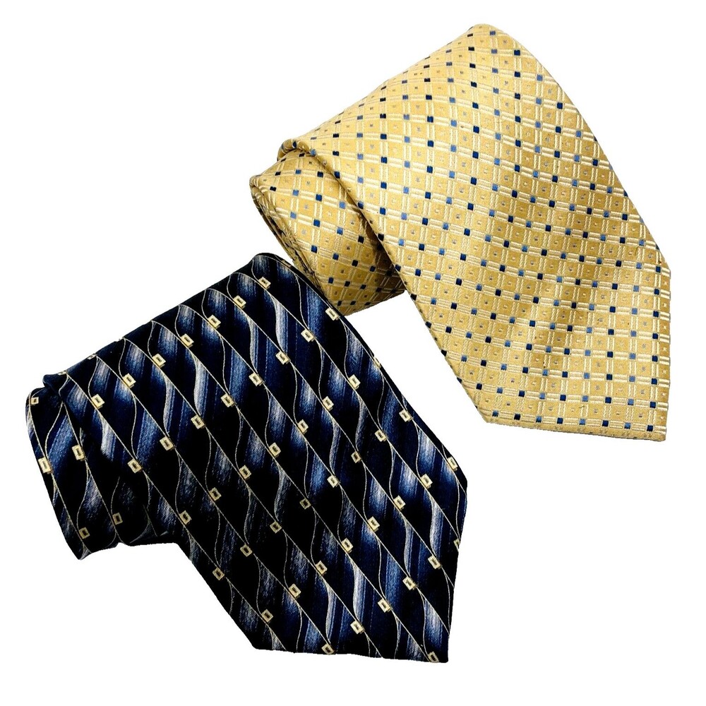 Pierre Cardin 2 Ties Vintage Y2K Blue Gold Geometric Plaid Dot Abstract Preppy - Picture 6 of 11